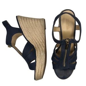 Michael Kors Sandals Berkley Canvas Jute Wedge Zipper Platform Navy Blue Tan 8 M